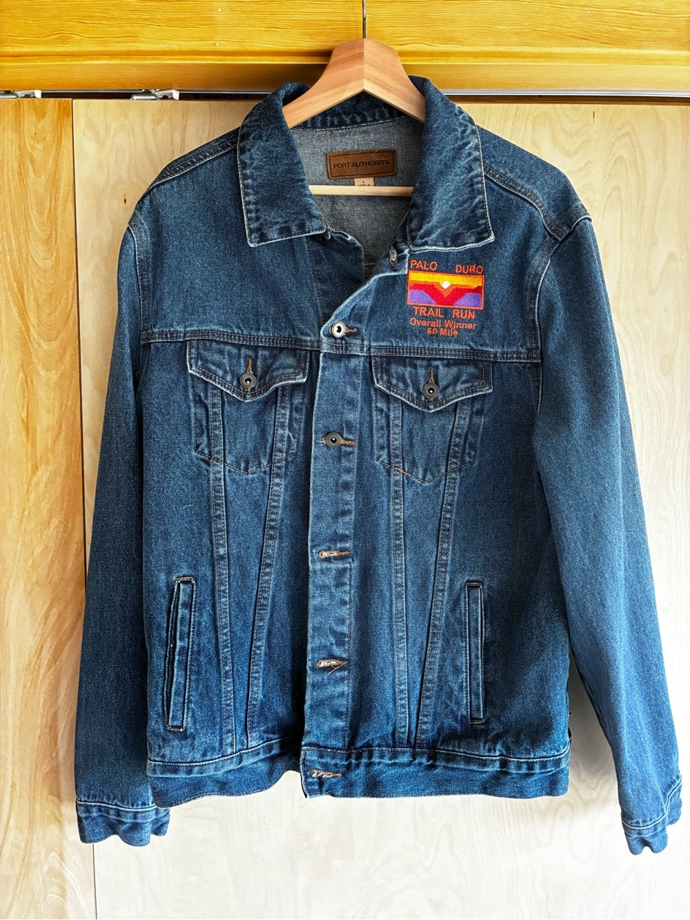 Denim Trucker Jacket with Custom Embroidered Patch - Dark Blue
